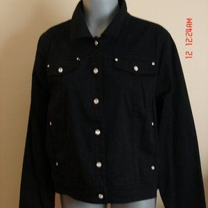 Quacker Factory LARGE Black Cropped Jean Jacket Stretch Woven Rhinestone Buttons